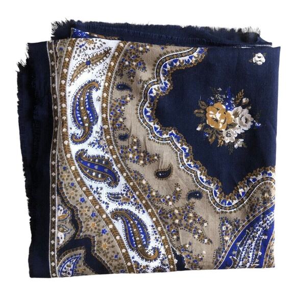 Vintage 1950’s - 1960’s Navy Taupe Ivory Paisley Floral Print Scarf Preowned - Picture 5 of 15